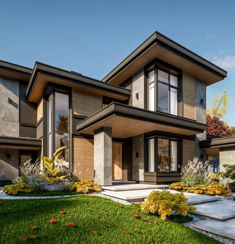 Contemporary home exterior with lush landscaping